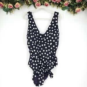 City Chic Nassau Belted One Piece Swimsuit Navy Polka Dot Print Size XL/22 NWT